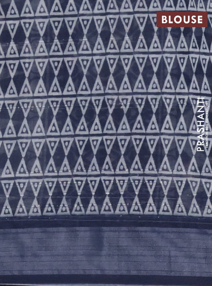 Linen cotton saree off white and navy blue with geometric butta prints and silver zari woven border