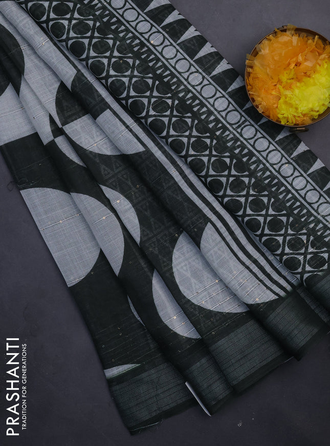 Linen cotton saree off white and bottle green with geometric butta prints and silver zari woven border
