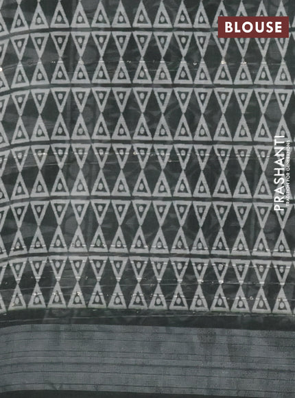 Linen cotton saree off white and bottle green with geometric butta prints and silver zari woven border