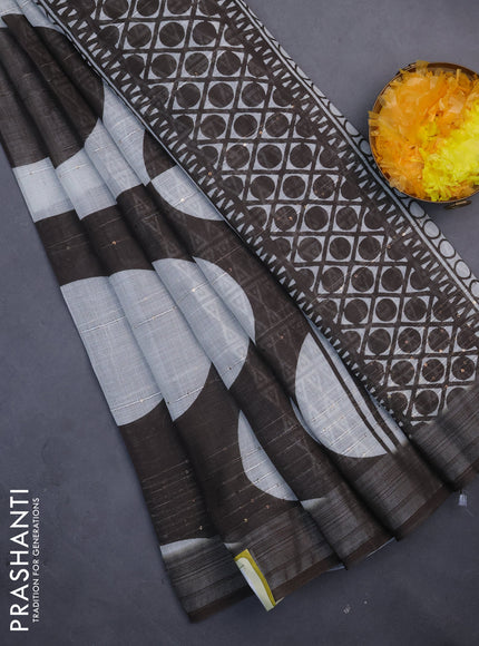 Linen cotton saree off white and coffee brown with geometric butta prints and silver zari woven border