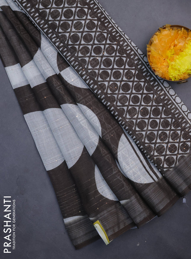Linen cotton saree off white and coffee brown with geometric butta prints and silver zari woven border