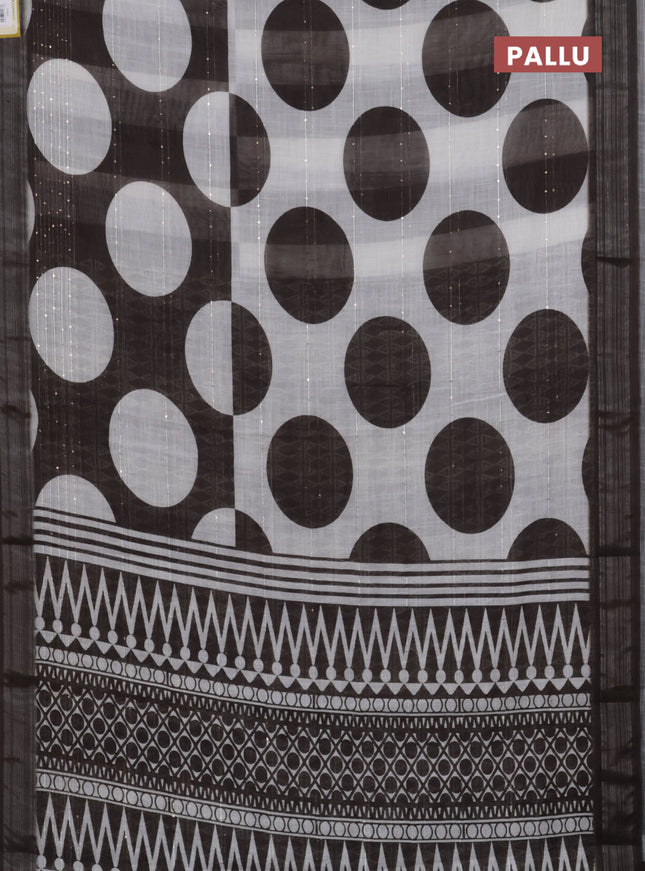 Linen cotton saree off white and coffee brown with geometric butta prints and silver zari woven border