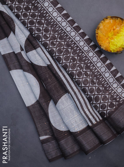 Linen cotton saree off white and brown with geometric butta prints and silver zari woven border