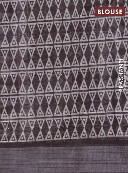 Linen cotton saree off white and brown with geometric butta prints and silver zari woven border