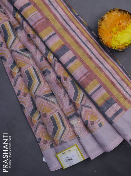 Linen cotton saree pastel pink with allover geometric prints & sequin work and silver zari woven border