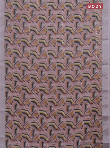 Linen cotton saree pastel pink with allover geometric prints & sequin work and silver zari woven border