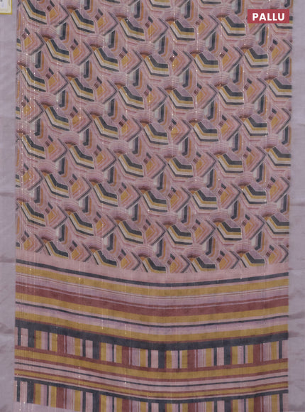 Linen cotton saree pastel pink with allover geometric prints & sequin work and silver zari woven border