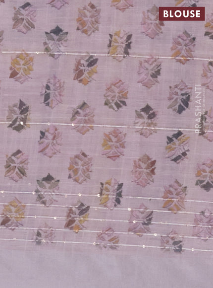 Linen cotton saree pastel pink with allover geometric prints & sequin work and silver zari woven border