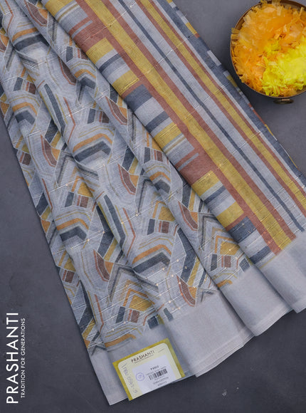 Linen cotton saree pastel grey with allover geometric prints & sequin work and silver zari woven border