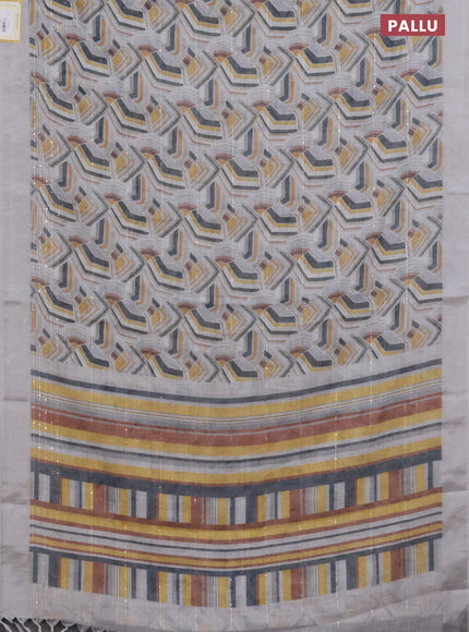 Linen cotton saree pastel grey with allover geometric prints & sequin work and silver zari woven border