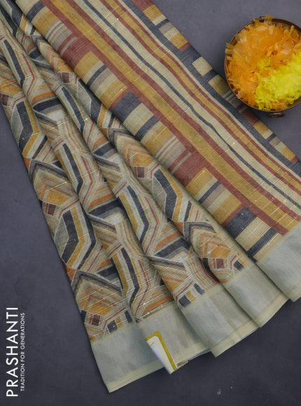 Linen cotton saree pale yellow with allover geometric prints & sequin work and silver zari woven border