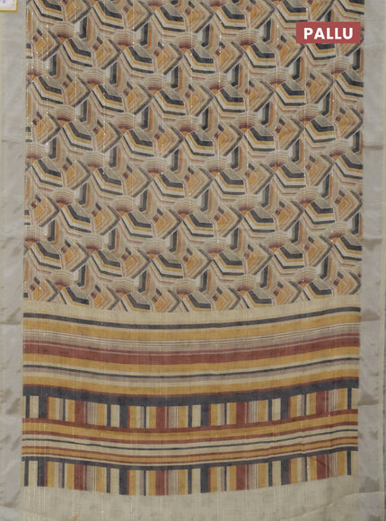 Linen cotton saree pale yellow with allover geometric prints & sequin work and silver zari woven border