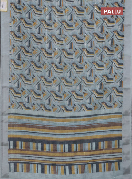 Linen cotton saree pastel blue with allover geometric prints & sequin work and silver zari woven border