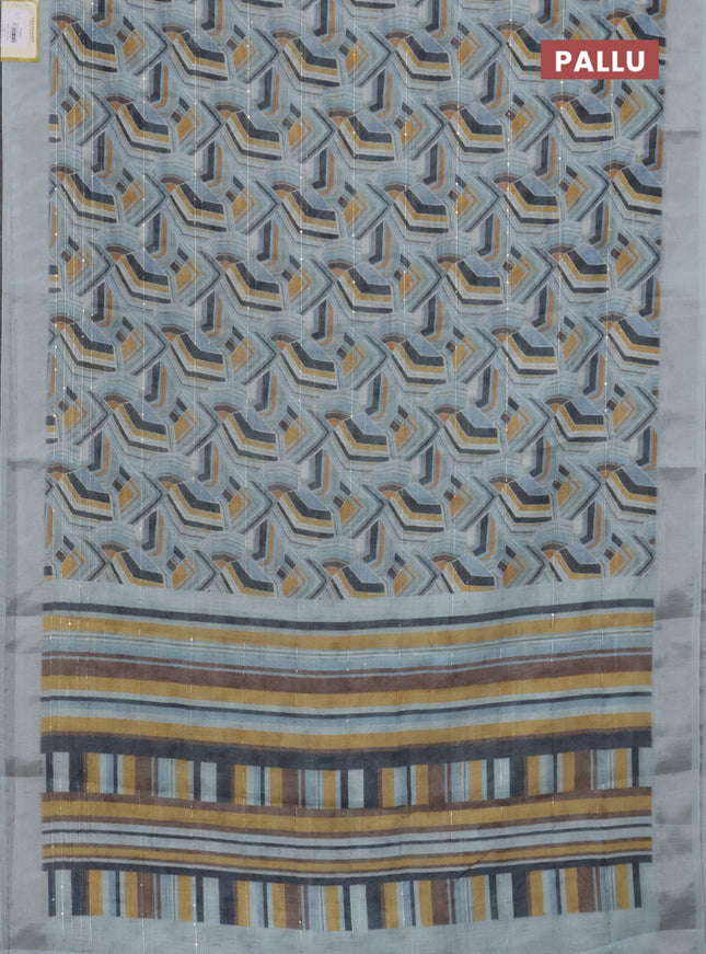 Linen cotton saree pastel blue with allover geometric prints & sequin work and silver zari woven border