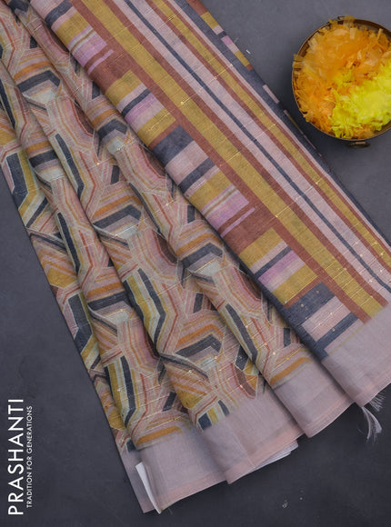 Linen cotton saree multi colour and peach shade with allover geometric prints & sequin work and silver zari woven border