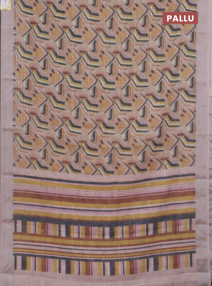 Linen cotton saree multi colour and peach shade with allover geometric prints & sequin work and silver zari woven border