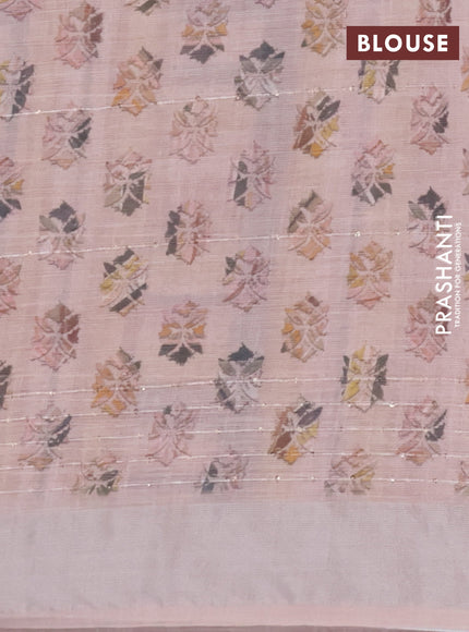 Linen cotton saree multi colour and peach shade with allover geometric prints & sequin work and silver zari woven border
