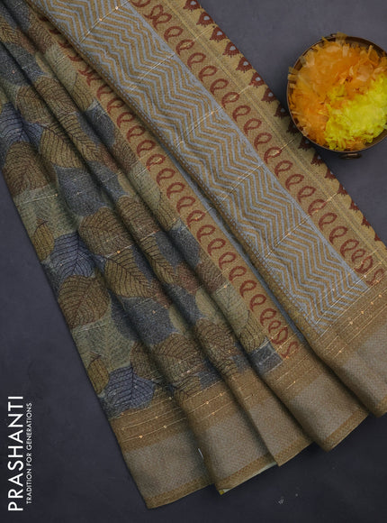 Linen cotton saree beige and grey with allover leaf prints & sequin work and silver zari woven border