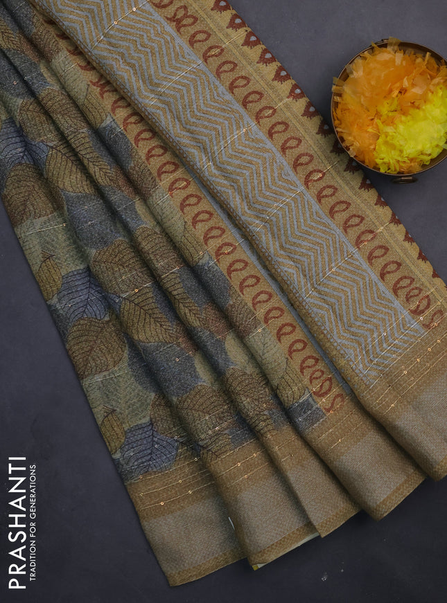 Linen cotton saree beige and grey with allover leaf prints & sequin work and silver zari woven border