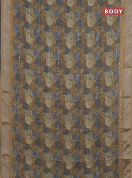 Linen cotton saree beige and grey with allover leaf prints & sequin work and silver zari woven border