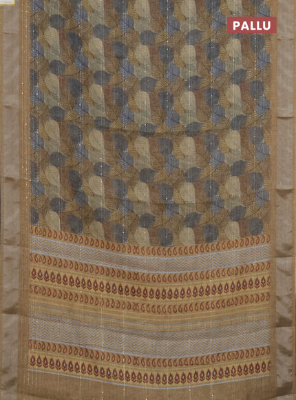 Linen cotton saree beige and grey with allover leaf prints & sequin work and silver zari woven border