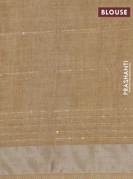 Linen cotton saree beige and grey with allover leaf prints & sequin work and silver zari woven border