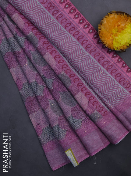 Linen cotton saree mauve pink with allover leaf prints & sequin work and silver zari woven border