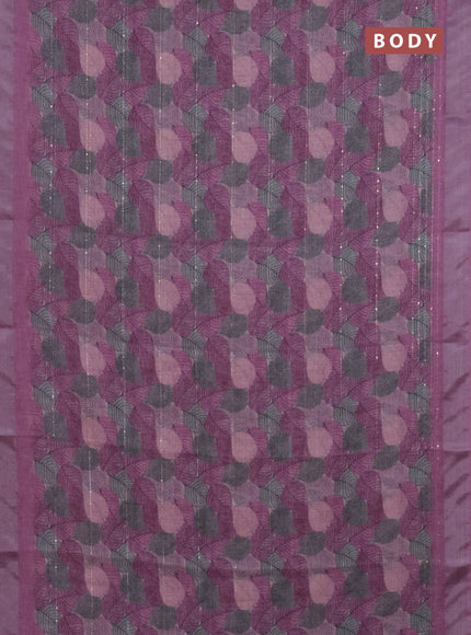 Linen cotton saree mauve pink with allover leaf prints & sequin work and silver zari woven border