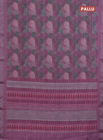 Linen cotton saree mauve pink with allover leaf prints & sequin work and silver zari woven border