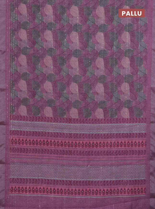 Linen cotton saree mauve pink with allover leaf prints & sequin work and silver zari woven border