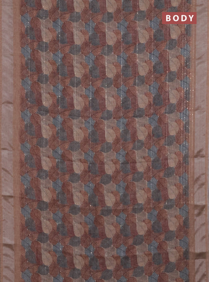 Linen cotton saree brown shade with allover leaf prints & sequin work and silver zari woven border
