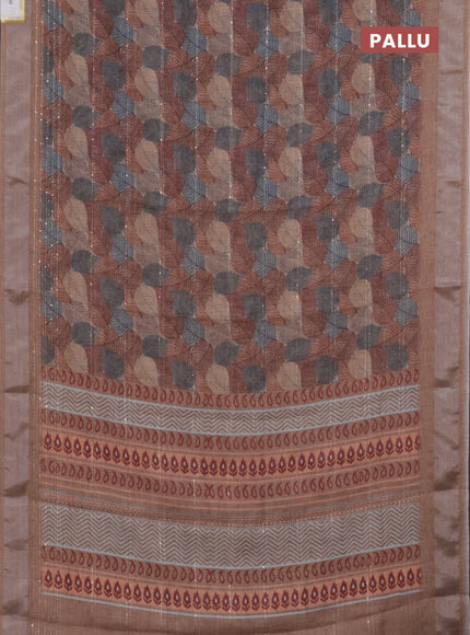 Linen cotton saree brown shade with allover leaf prints & sequin work and silver zari woven border