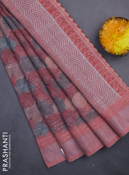 Linen cotton saree maroon shade with allover leaf prints & sequin work and silver zari woven border