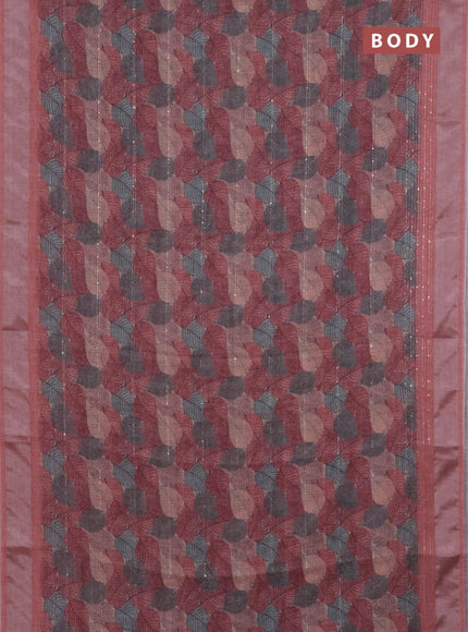Linen cotton saree maroon shade with allover leaf prints & sequin work and silver zari woven border