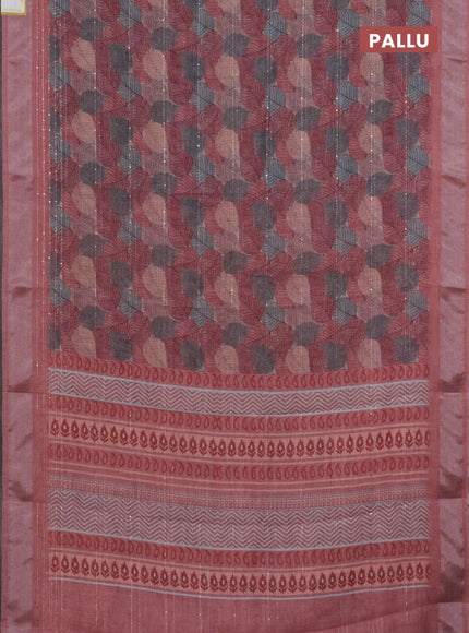Linen cotton saree maroon shade with allover leaf prints & sequin work and silver zari woven border
