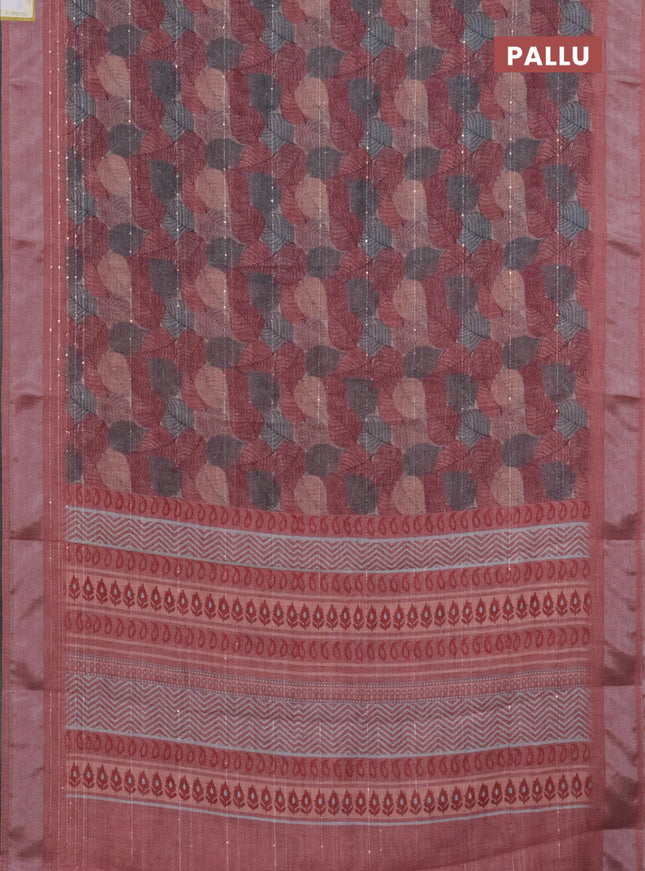 Linen cotton saree maroon shade with allover leaf prints & sequin work and silver zari woven border