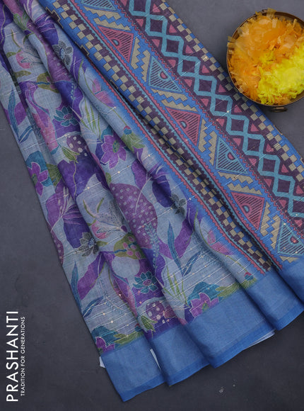 Linen cotton saree grey and blue with allover floral prints & sequin work and silver zari woven border
