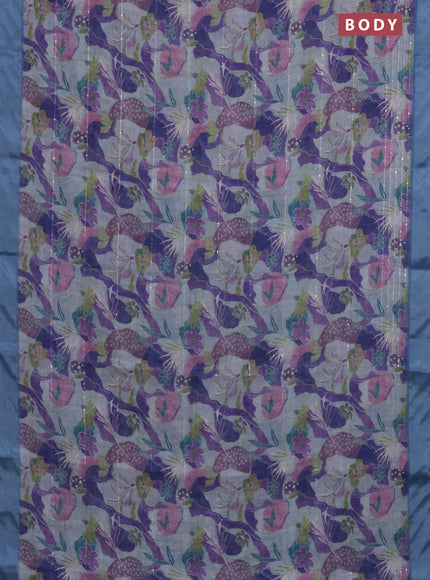 Linen cotton saree grey and blue with allover floral prints & sequin work and silver zari woven border