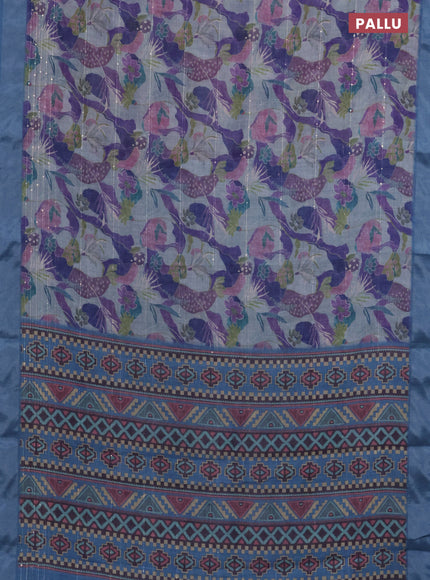 Linen cotton saree grey and blue with allover floral prints & sequin work and silver zari woven border