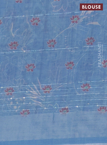 Linen cotton saree grey and blue with allover floral prints & sequin work and silver zari woven border