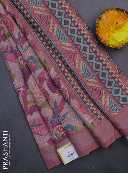Linen cotton saree multi colour and rust shade with allover floral prints & sequin work and silver zari woven border