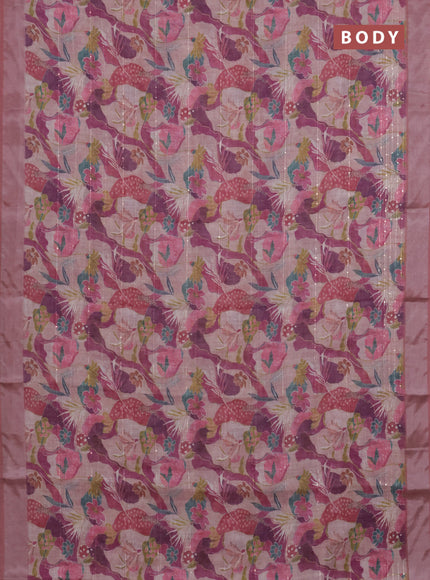 Linen cotton saree multi colour and rust shade with allover floral prints & sequin work and silver zari woven border