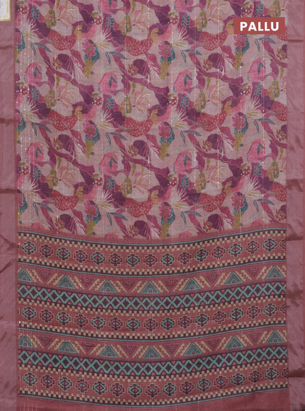 Linen cotton saree multi colour and rust shade with allover floral prints & sequin work and silver zari woven border