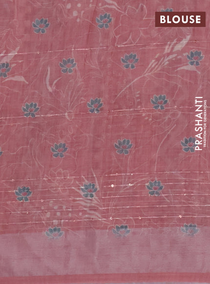 Linen cotton saree multi colour and rust shade with allover floral prints & sequin work and silver zari woven border