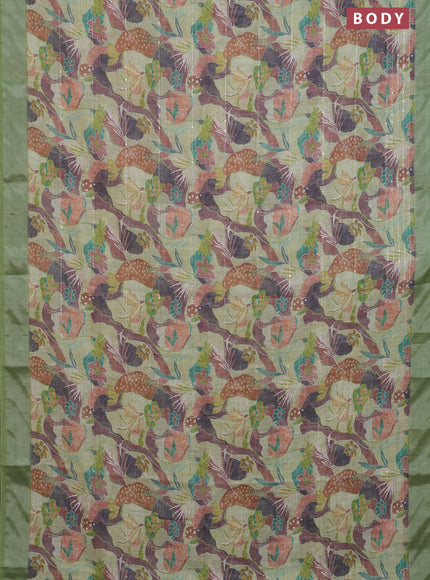 Linen cotton saree light green with allover floral prints & sequin work and silver zari woven border