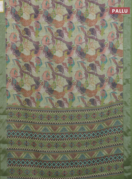 Linen cotton saree light green with allover floral prints & sequin work and silver zari woven border
