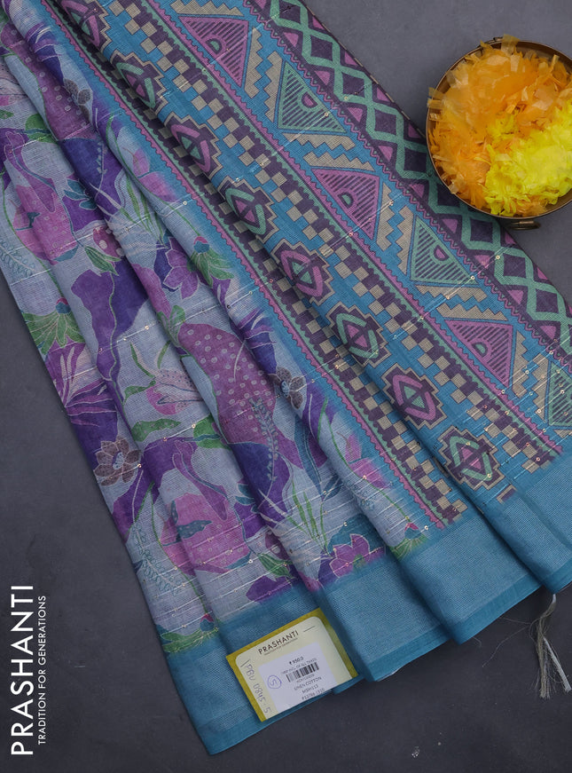 Linen cotton saree violet and teal blue with allover floral prints & sequin work and silver zari woven border