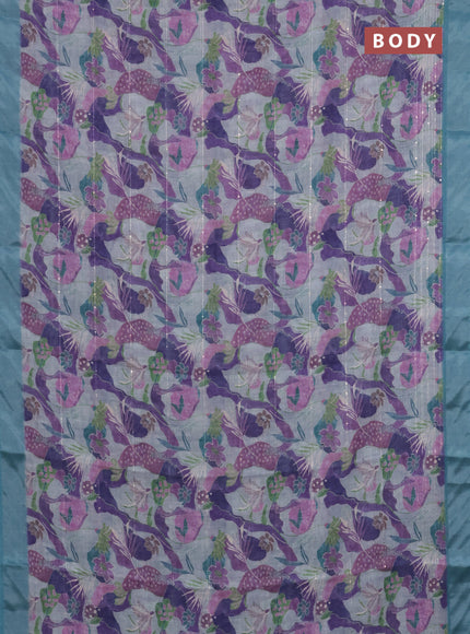 Linen cotton saree violet and teal blue with allover floral prints & sequin work and silver zari woven border