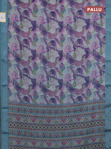 Linen cotton saree violet and teal blue with allover floral prints & sequin work and silver zari woven border
