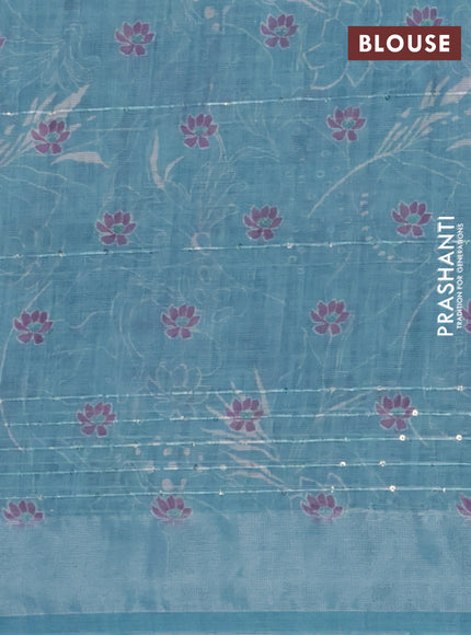 Linen cotton saree violet and teal blue with allover floral prints & sequin work and silver zari woven border